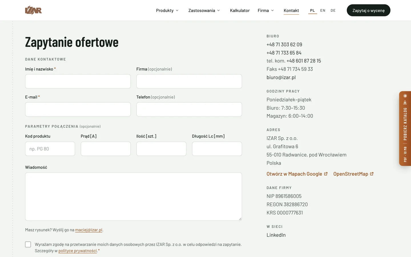 Formularz „Zapytanie ofertowe” na stronie kontaktowej izar.pl z polami danych kontaktowych i parametrów połączenia, obok dane kontaktowe firmy