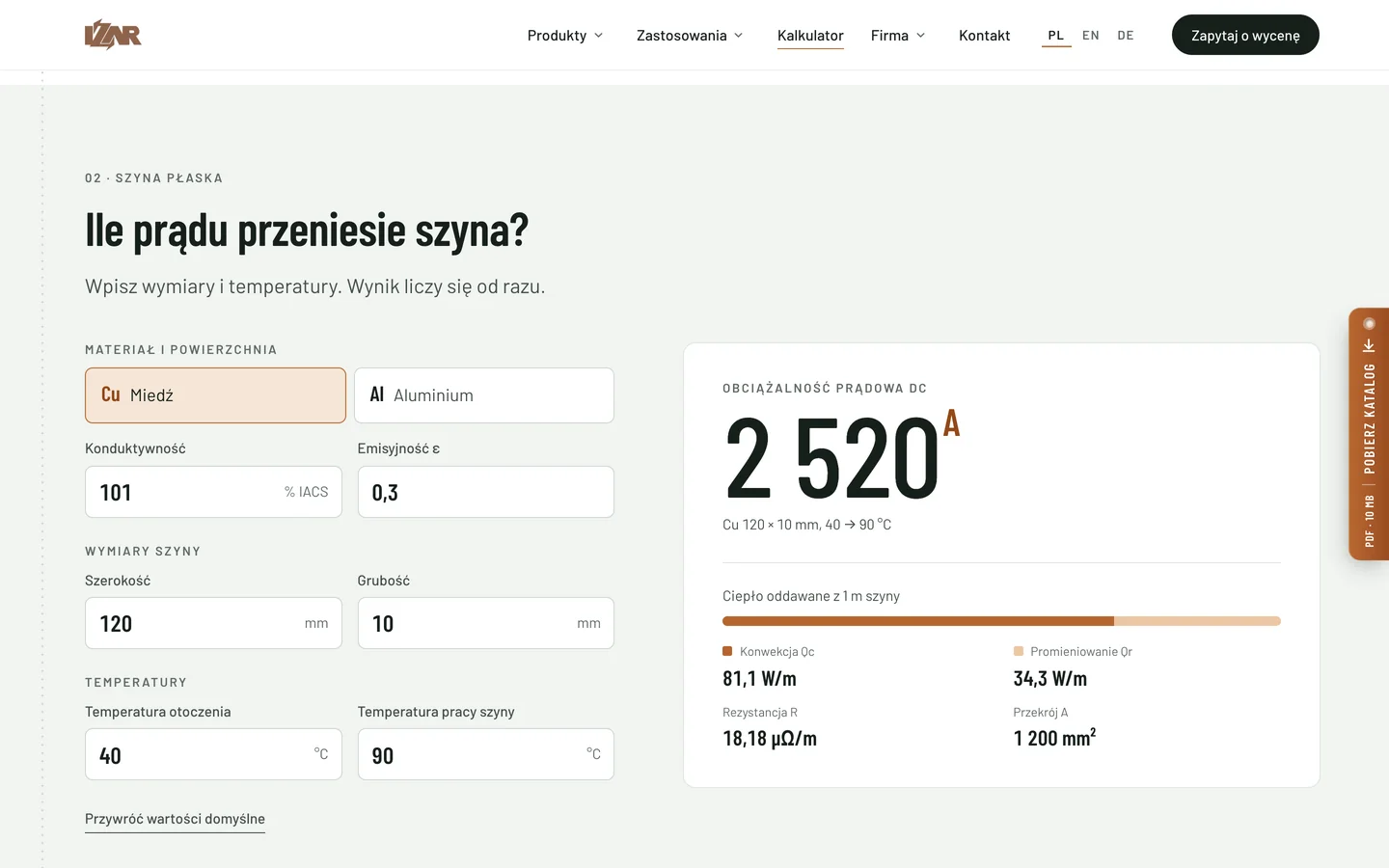 Kalkulator obciążalności szyn na izar.pl: formularz z materiałem, wymiarami i temperaturami po lewej, po prawej wynik 2520 A i ciepło oddawane z metra szyny