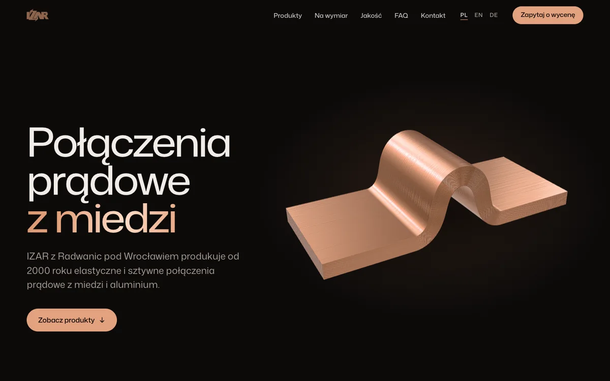 Kierunek Materia: ciemna strona z nagłówkiem „Połączenia prądowe z miedzi” i zdjęciem miedzianego połączenia