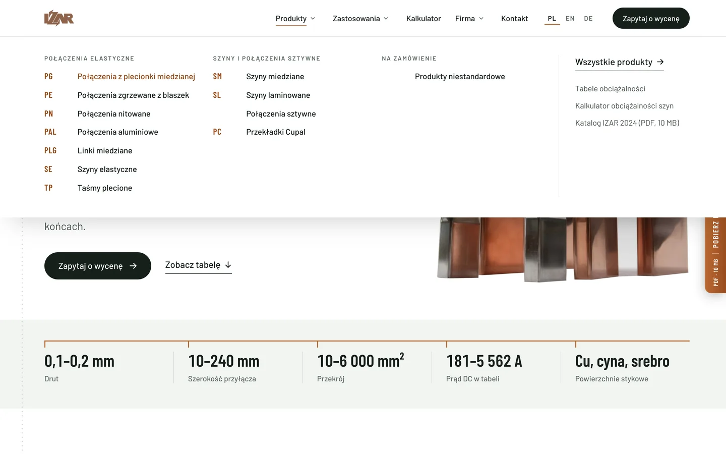 Rozwinięte menu Produkty na izar.pl z listą połączeń elastycznych, szyn i połączeń sztywnych z kodami PG, PE, PN, PAL, PLG, SE, TP, SM, SL, PC