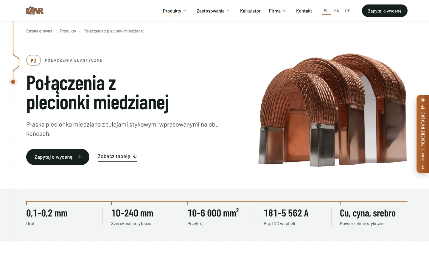 Strona produktu PG na izar.pl: nagłówek „Połączenia z plecionki miedzianej”, zdjęcie miedzianych połączeń z plecionki i pasek parametrów technicznych
