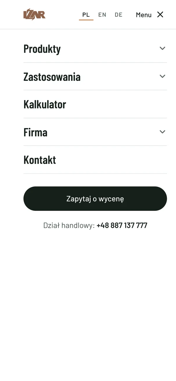 Mobilne menu izar.pl z pozycjami Produkty, Zastosowania, Kalkulator, Firma, Kontakt i przyciskiem „Zapytaj o wycenę”
