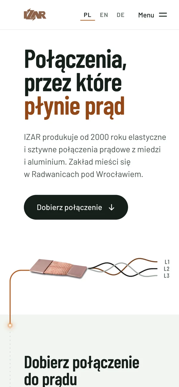 Strona główna izar.pl na telefonie: nagłówek „Połączenia, przez które płynie prąd”, przycisk „Dobierz połączenie” i miedziana plecionka z trzema fazami