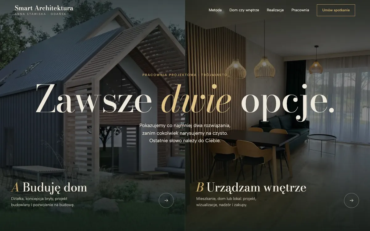 Koncepcja Dwie opcje: ciemna strona premium z podziałem na Buduję dom i Urządzam wnętrze
