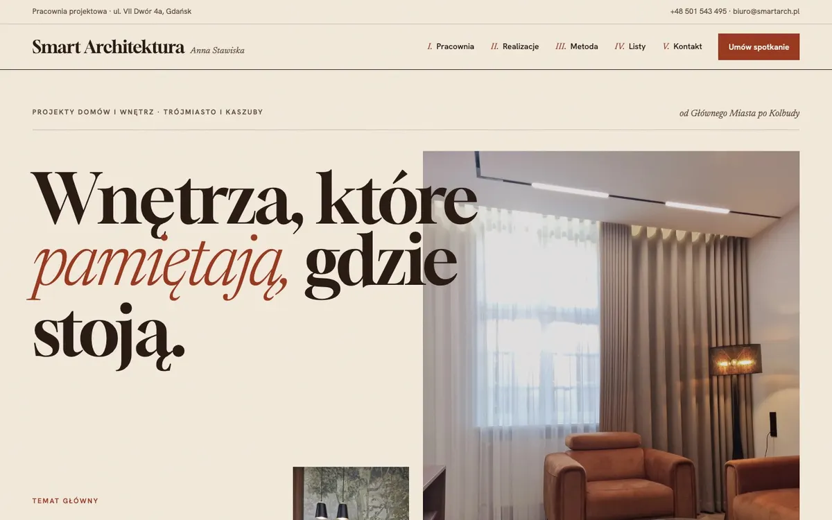Koncepcja Kamienica: układ jak magazyn o wnętrzach, z dużym zdjęciem apartamentu na okładce