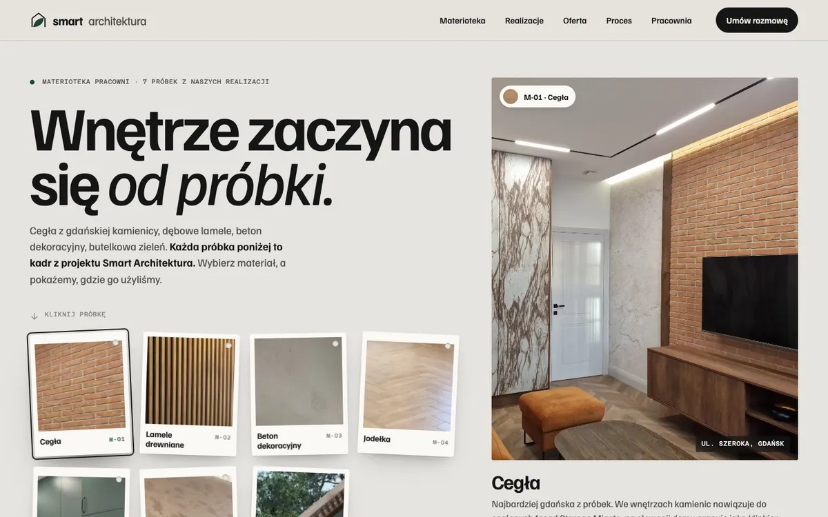 Koncepcja Materioteka: próbnik materiałów wyciętych ze zdjęć realizacji