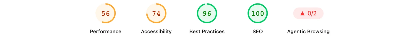 Lighthouse starej strony na telefonie: Performance 56, Accessibility 74, Best Practices 96, SEO 100, Agentic Browsing 0/2