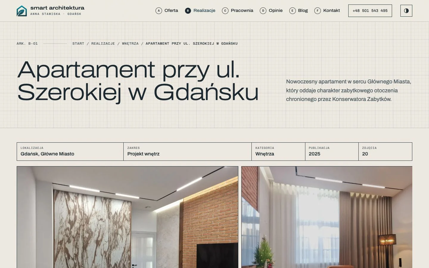 Nowa strona realizacji: duży tytuł, metryczka projektu i duża galeria zdjęć przewijana w bok
