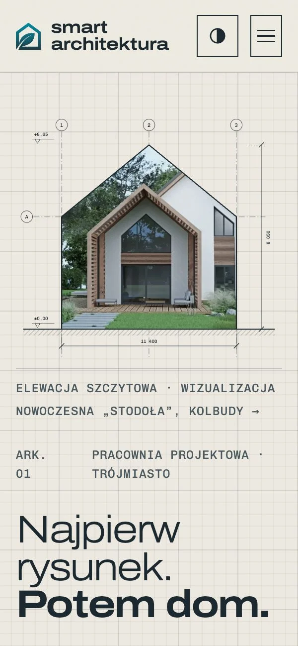 Nowa strona na telefonie: hasło, krótki opis pracowni, przyciski i rysunek elewacji