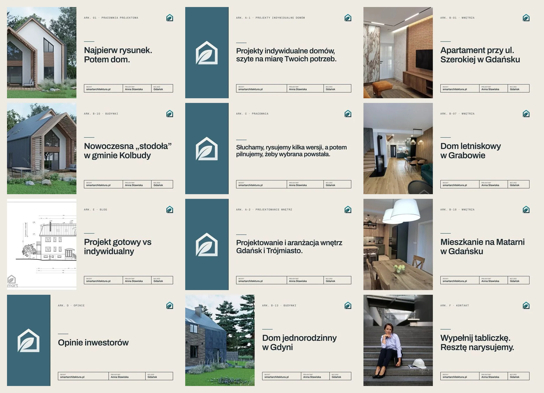 Dwanaście przykładowych obrazków OG nowej strony: strona główna, oferta, realizacje, blog, opinie i kontakt, każdy z tytułem i zdjęciem