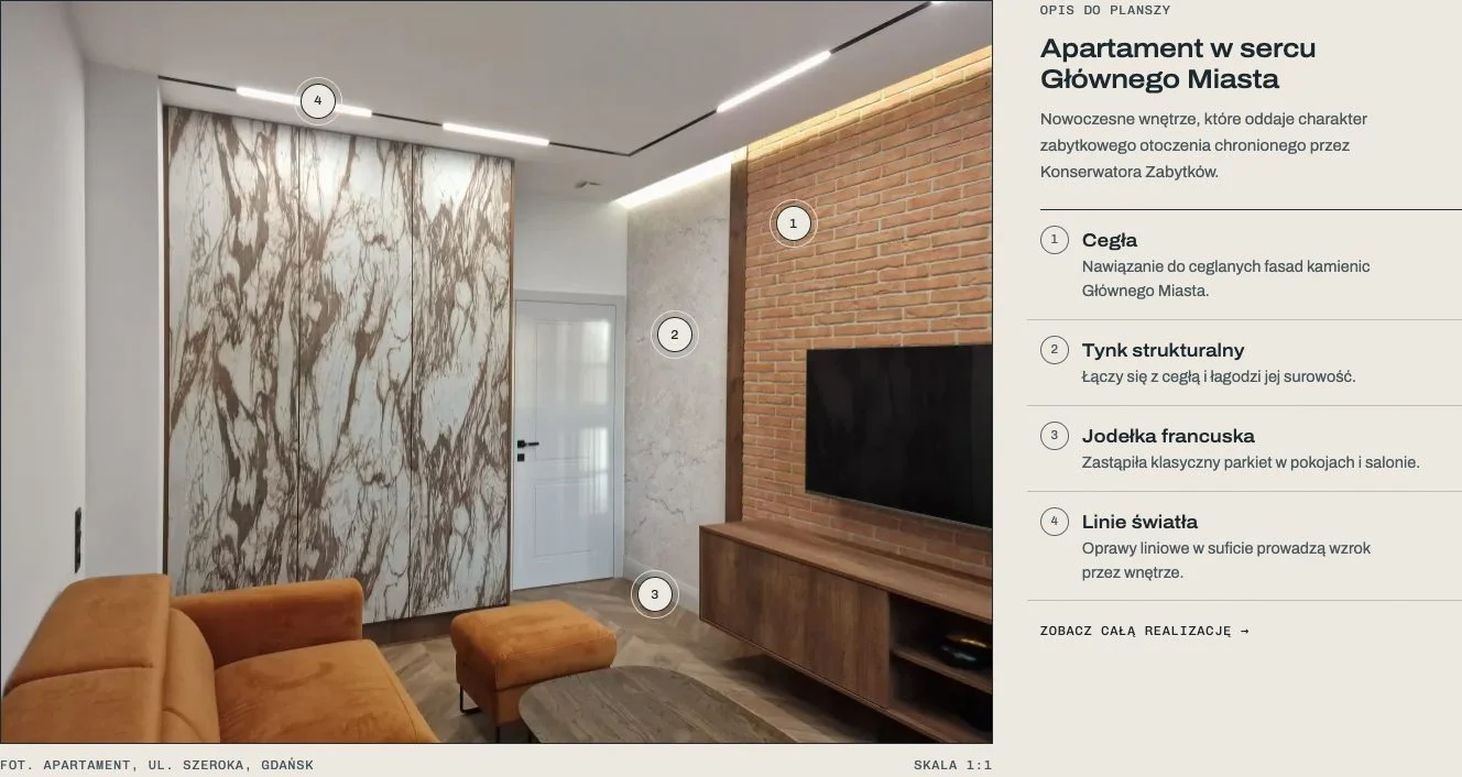 Zdjęcie salonu z numerowanymi pinami materiałów: cegła, tynk strukturalny, jodełka francuska, linie światła; wybrany pin 3 podświetlony na liście