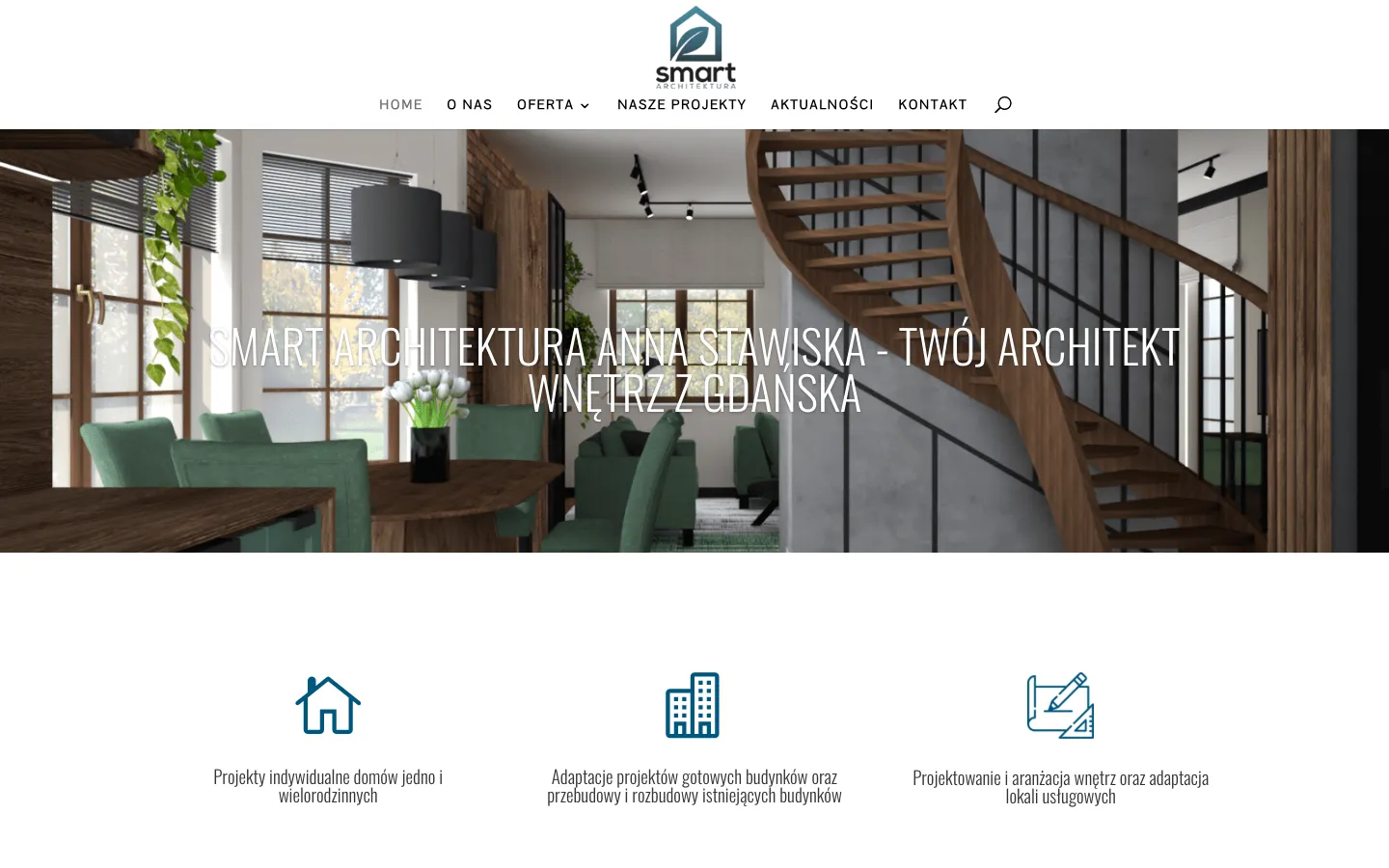 Stara strona główna Smart Architektura: slider ze zdjęciem wnętrza i napisem na zdjęciu, pod nim ikony usług